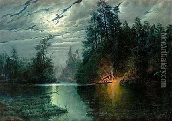 Skymningslandskap Med Lagereld Oil Painting - Vladimir Leodinovitch (Comte de) Muravioff