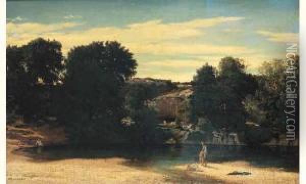 < Pecheur Au Bord Du Lac. >. Oil Painting - Felix Hippolyte Lanoue