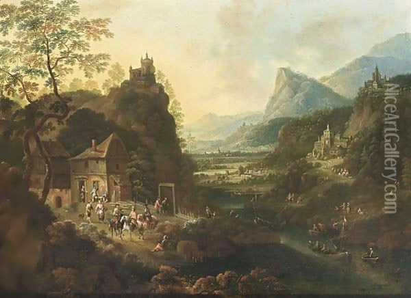 A Rhenish Mountainous River Landscape With Horsemen And Travellers Near An Inn, Fishing Boats On The River, And A Castle On A Hill Top And Other Castles And Villages Beyond Oil Painting - Jan the Elder Griffier