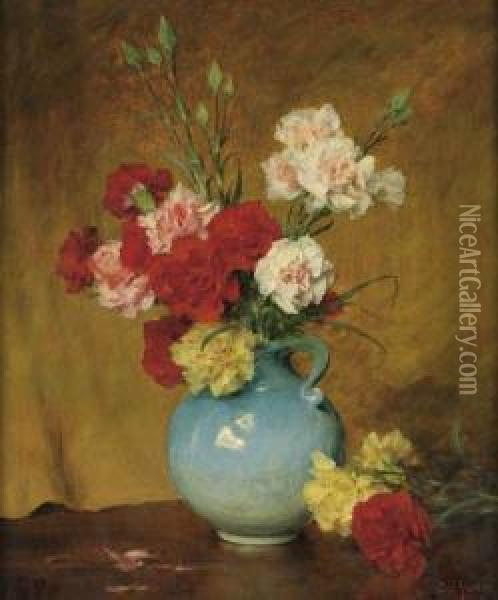 Untitled (peonies In A Blue Vase) Oil Painting - Charles Ethan Porter