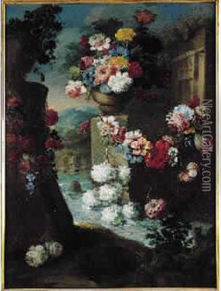 Natures Mortes Aux Vases De Fleurs Sur Fond De Paysage Oil Painting - Giacomo Nani