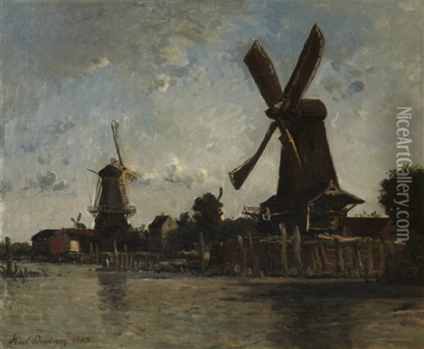 Moulins Au Bord De La Riviere Oil Painting - Karl Pierre Daubigny