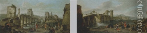 Capriccio Con Costa Mediterranea, Un Ponte Diroccato E Astanti In Primo Piano Oil Painting - Isaac de Moucheron