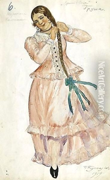 Costume Design For Grusha As A Dancing Maiden Oil Painting - Boris Kustodiev