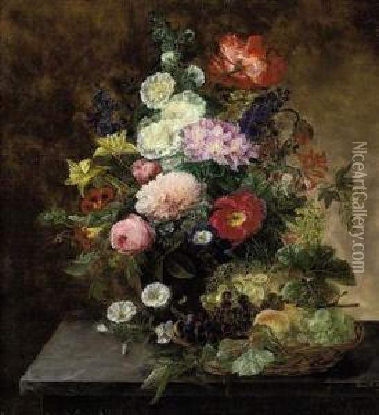Summer Blooms And A Basket Of Fruit Oil Painting - Henriette Melchior