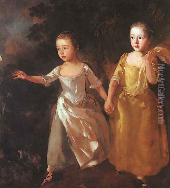 The Painter's Daughters Chasing a Butterfly 1755-56 Oil Painting - Thomas Gainsborough