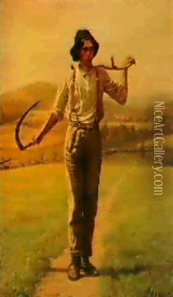 Fieldhand With Scythe Oil Painting - John George Brown