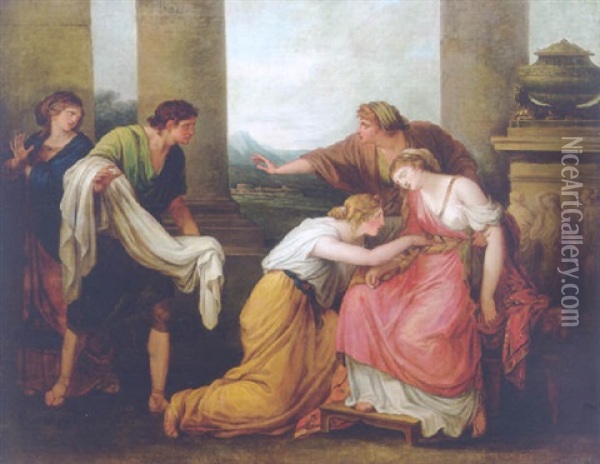 Julia, Wife Of Pompey, Faints At The Sight Of His Bloodstained Garment Oil Painting - Angelika Kauffmann