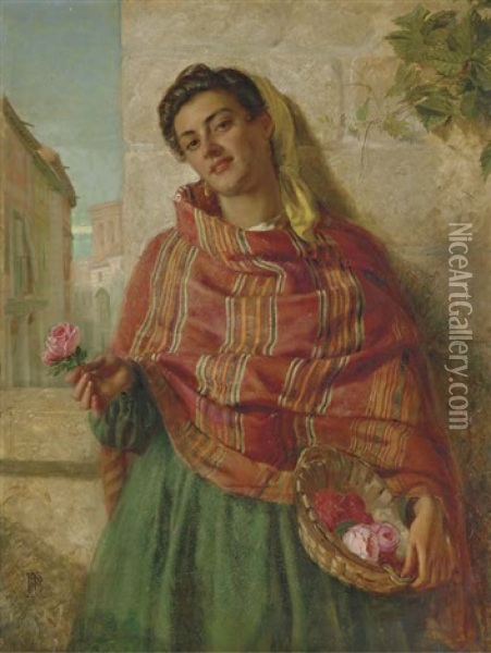 A Young Beauty Holding A Rose Oil Painting - John Bagnold Burgess