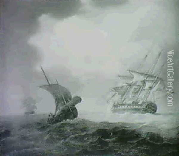 A Dutch Man O'war And Fishing Boats Off The Coast Oil Painting - David Kleyne