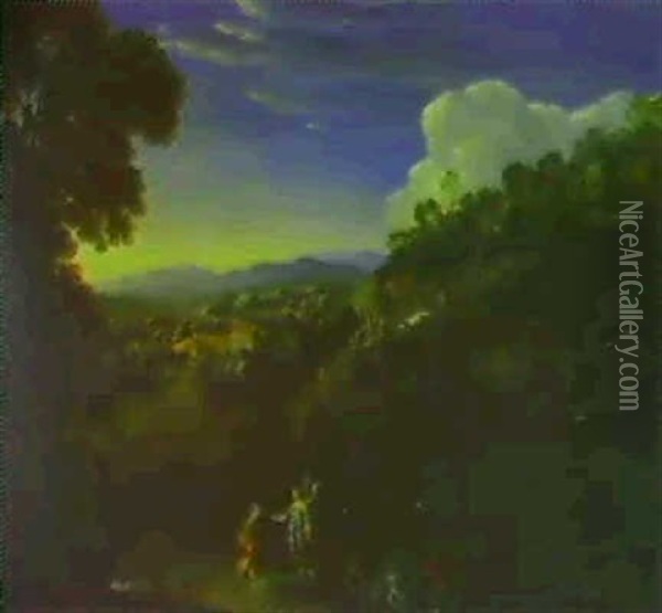 Gebirgige,sudliche Flusslandschaft, Mit Tobias Und Dem Engel Oil Painting - Johann (Hans) Konig