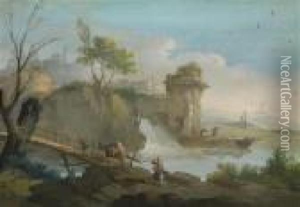 A Landscape With Travellers And Awaterfall Oil Painting - Giuseppe Bernardino Bison