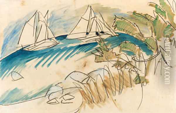 Segelschiffe vor der Kste von Fehmarn (Kaiserregatta - Zwei Segler am Strande von Fehmarn) Oil Painting - Ernst Ludwig Kirchner