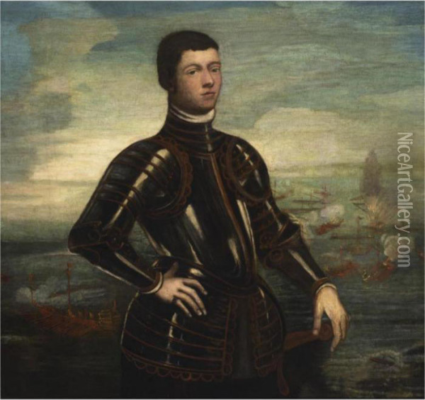 A Portrait Of A Young Admiral, 
Standing Three-quarter Length, Wearing Armour, Before A Naval Battle Oil Painting - Jacopo Robusti, II Tintoretto