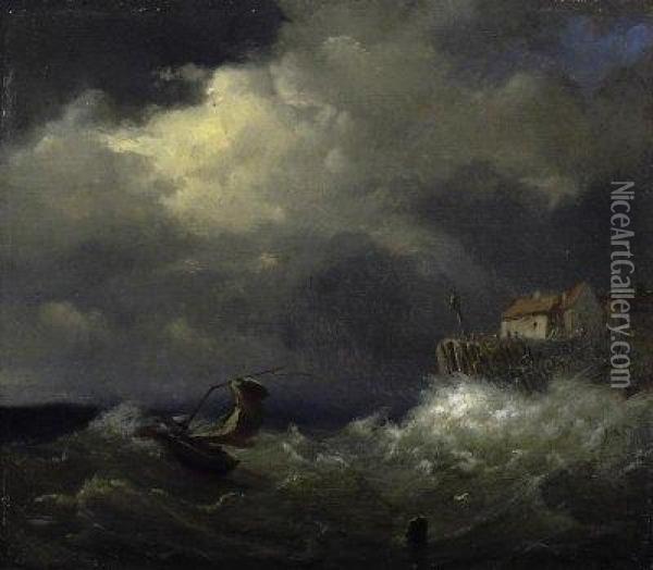Yacht Om A Storm In Front Of The Norman Coast. Signed Bottom Right: Ch. Brias Oil Painting - Charles Brias