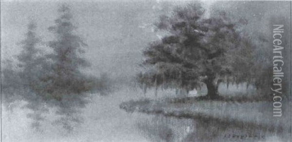 Bayou Scene With Live Oak And Cypresses Oil Painting - Alexander John Drysdale