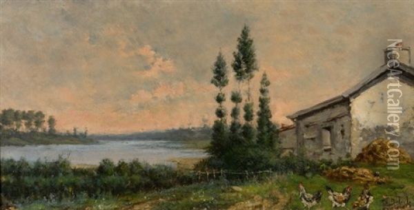 Flusslandschaft Mit Bauernhaus Oil Painting - Pierre Georges Dieterle