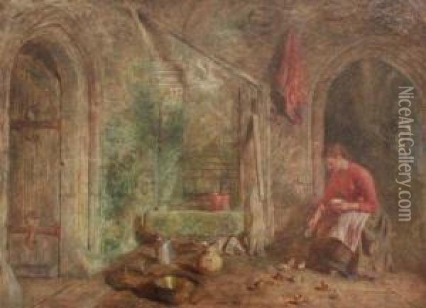 Interior With Woman Feeding Chicks Oil Painting - Alfred Provis