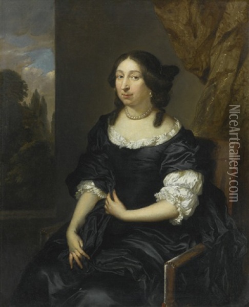 Portrait Of A Lady, Three-quarter Length, Seated Before A Window, Wearing A Black Bodice And Petticoat And A Pearl Necklace Oil Painting - Caspar Netscher