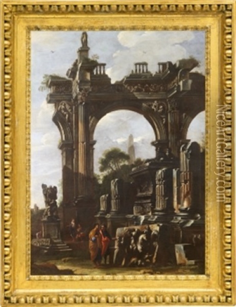 Landskap Med Tempelruin Och Konverserande Figurer Oil Painting - Giovanni Ghisolfi