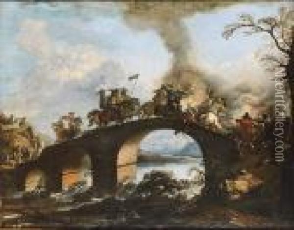 A Cavalry Skirmish On A Bridge Oil Painting - Jacques Courtois Le Bourguignon