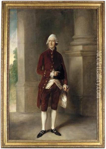 Portrait Of Sir Charles Gould, 
Full-length, In A Brown Coat And Breeches And A White Waistcoat, Holding
 A Tricorn In His Right Hand, His Left Hand On The Hilt Of A Sword, In 
An Architectural Interior With A Column On A Plinth Oil Painting - Thomas Gainsborough