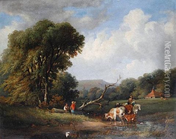 Figures And Cattle Resting Beside A Pond Oil Painting - George Shalders