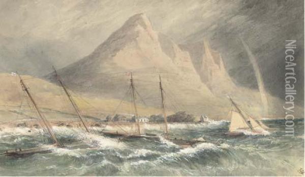 Racing Schooners Anchored 
Inshore And Riding Out The Gale Off Theirish Coast, Possibly Co. Down Oil Painting - John Callow