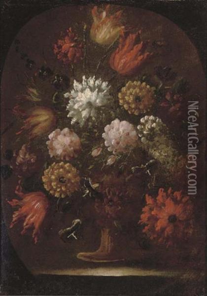 Chrysanthemums, Tulips And Other Flowers In An Urn, In A Feigned Oval Oil Painting - Mario Nuzzi Mario Dei Fiori