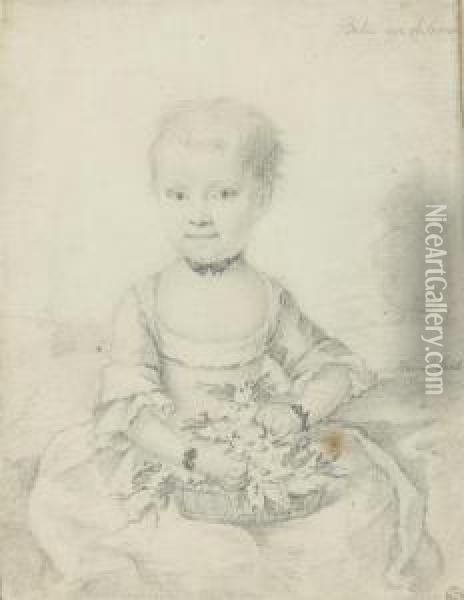 Portrait Of A Little Girl Holding A Basket Of Fruit Andflowers Oil Painting - Johann Ernst, Julius Heinsius