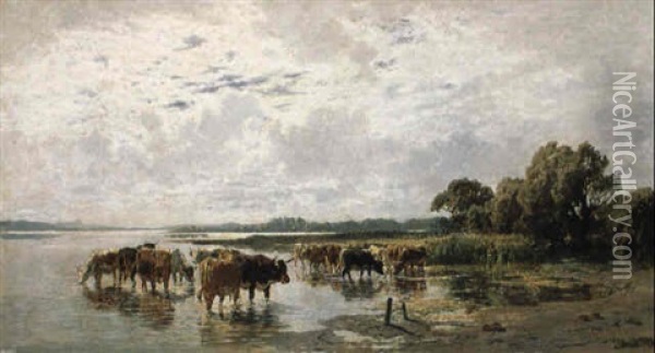An Der Tranke: Rinder Am Wasser Oil Painting - Hermann Baisch
