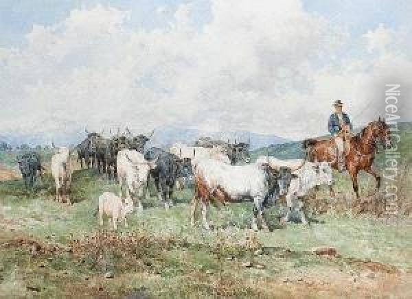 Cattle And Drover Oil Painting - Giuseppe Gabani