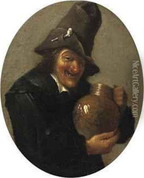 A Smiling Peasant Holding A Jug Oil Painting - David The Younger Teniers
