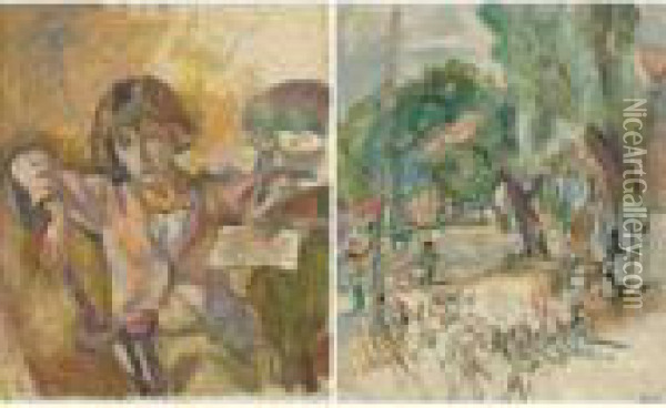 Hermine En Rose And Personnages Cubains: A Double-sided Painting Oil Painting - Jules Pascin