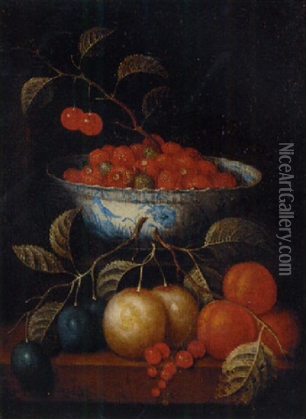 Cherries And Other Fruit In A Kraak Porselein Bowl, With Plums, Oranges And Redcurrants On A Ledge Below Oil Painting - Cornelis De Heem