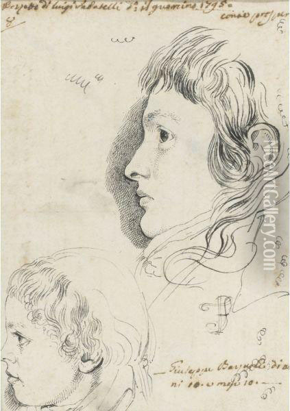 Heads Of Two Young Men In Profile; Lower Left Head Possiblygiuseppe Bezzuoli Oil Painting - Luigi Sabatelli