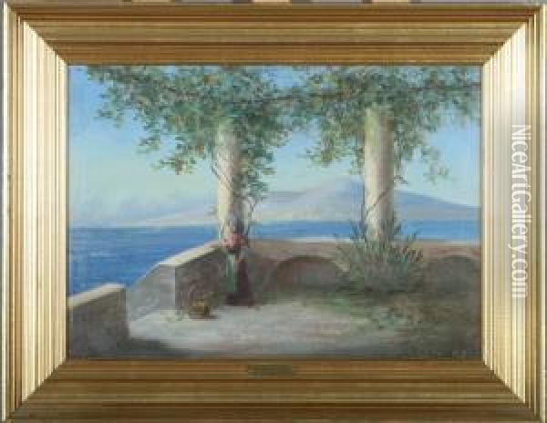 Landscape From Italy With Mountains In The Background Oil Painting - Harald Peter W. Schumacher