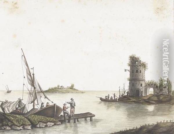 Landschaft Mit Ruine, Kleiner Insel, Booten Und Fischern Oil Painting - Patrick Gibson