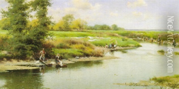 Washerwomen Along A Riverbank, Guillena Oil Painting - Emilio Sanchez-Perrier