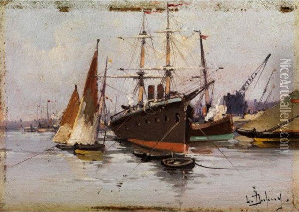 Hafenansicht Mit Grossem Dampfer, Segelschiffen Undhafenkran Oil Painting - Eugene Galien-Laloue