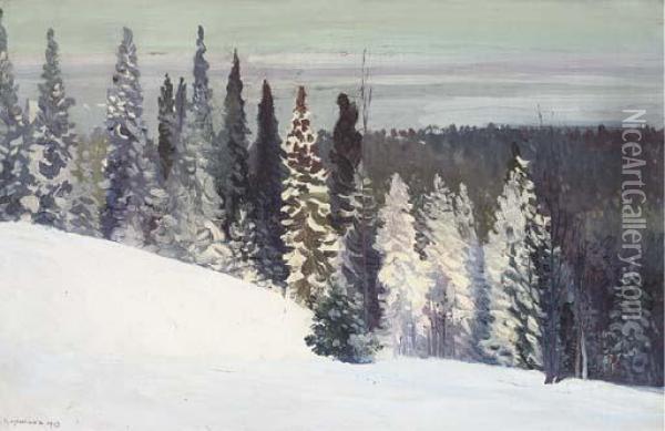 Fir Trees In A Winter Landscape Oil Painting - Alexandr Alekseevich Borisov