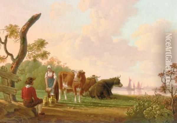 A Milkmaid Conversing With A Young Man Conversing Near Her Cows In A River Landscape Oil Painting - Johannes Willem Boshamer
