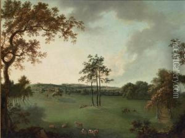 A View In Leicestershire With A Church, Possibly Melton Mowbray, In The Distance Oil Painting - William Tomkins