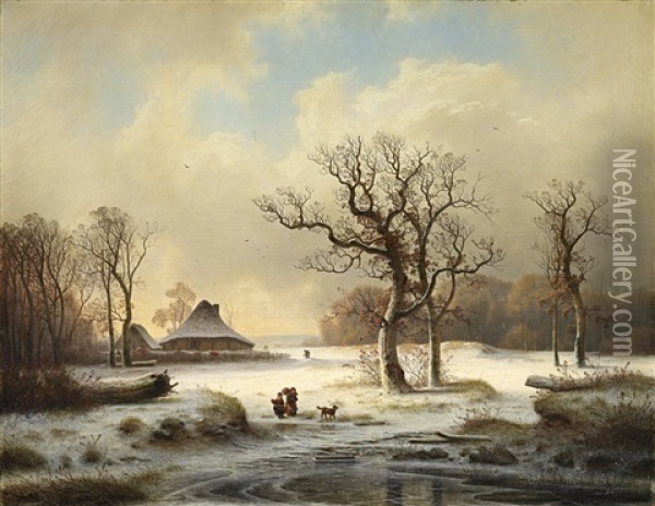 Winterlandschaft Mit Gehoft Und Reisigsammlern Oil Painting - Johann Gustav Lange