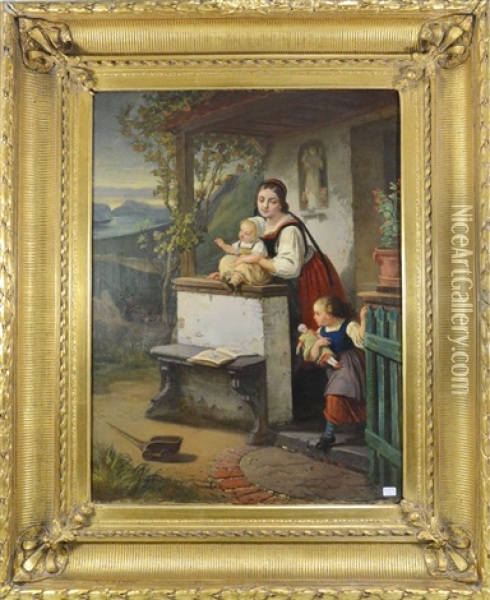 Jeune Femme Et Ses Enfants Oil Painting - Julius Wagner