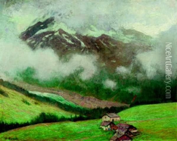 Wetterwolken In Einem Alpental: Aiquille Verte Bei Argentiere Savoyen Oil Painting - Eugen Kampf