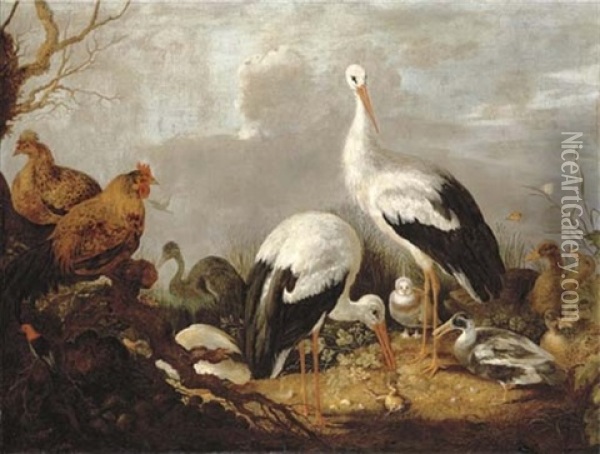 Storks, Mallards, Chickens, A Heron, A Frog And Other Birds In A River Landscape Oil Painting - Gysbert Gillisz de Hondecoeter