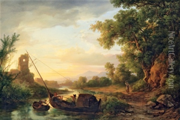 Italienische Flusslandschaft Mit Fischern Oil Painting - Karoly Marko the Elder