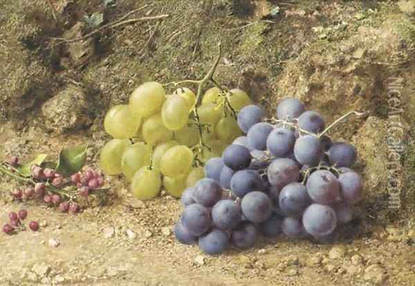 Still-life with white and black grapes and redcurrents Oil Painting - William Henry Hunt