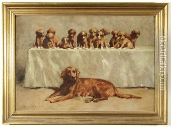 Irish Setter And Her Twelve Pups Oil Painting - Gustave Verbeek